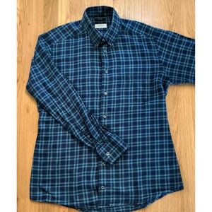 Eton Slim Fit Long‎ Sleeve Button Up Dress Shirt Large Plaid Navy / Green Cotton
